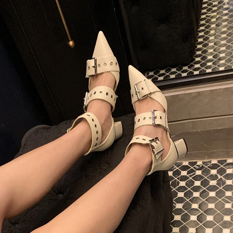 2024 Summer New Baotou Sandals, Women\'s Shoes Pointed Belt Buckle Rivet Medium Heel Thick Female Sandals, Hollow Bag Shoes