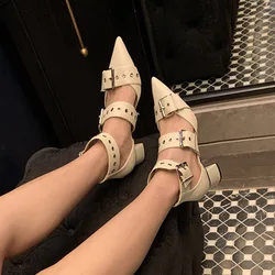 2024 Summer New Baotou Sandals, Women's Shoes Pointed Belt Buckle Rivet Medium Heel Thick Female Sandals, Hollow Bag Shoes