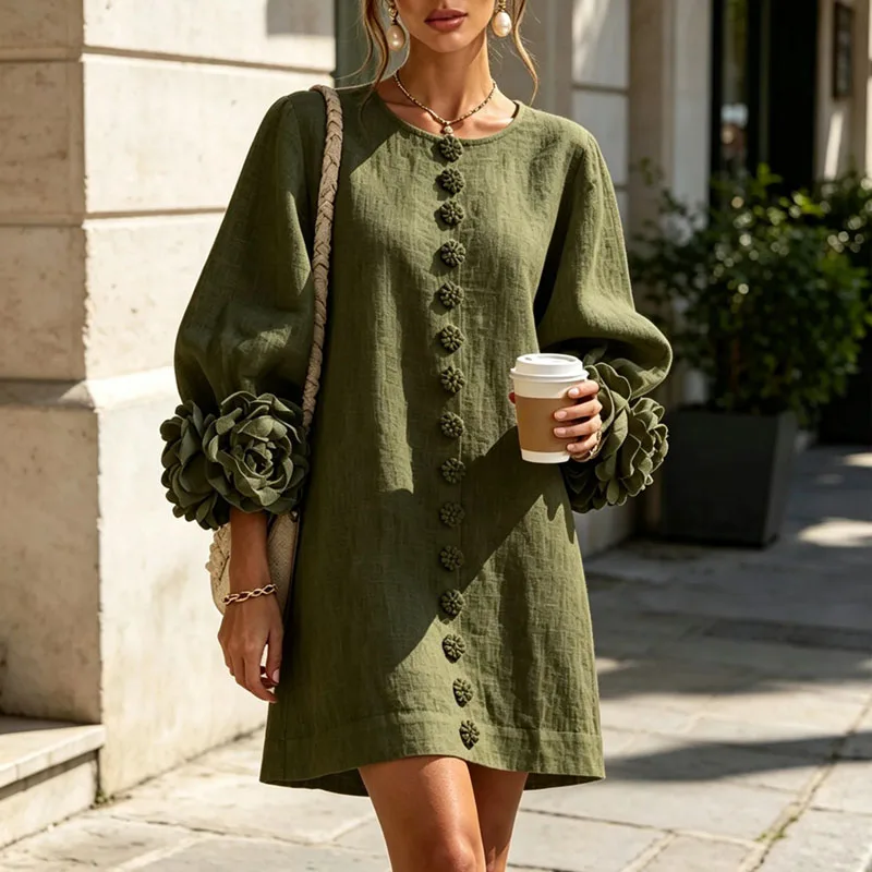 Elegant Solid Dresses Women Round Neck Lantern Sleeve 3D Flower Cuff Decorative Button Loose Short Dress Casual Streetwear Dress