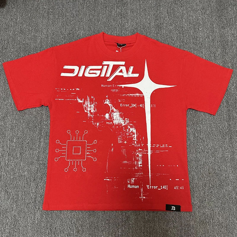 2026 New Arrival DIGITAL Men Red T Shirt Cyber Code Star Figure Loose Short Sleeve Street Tee Top Fast Delivery