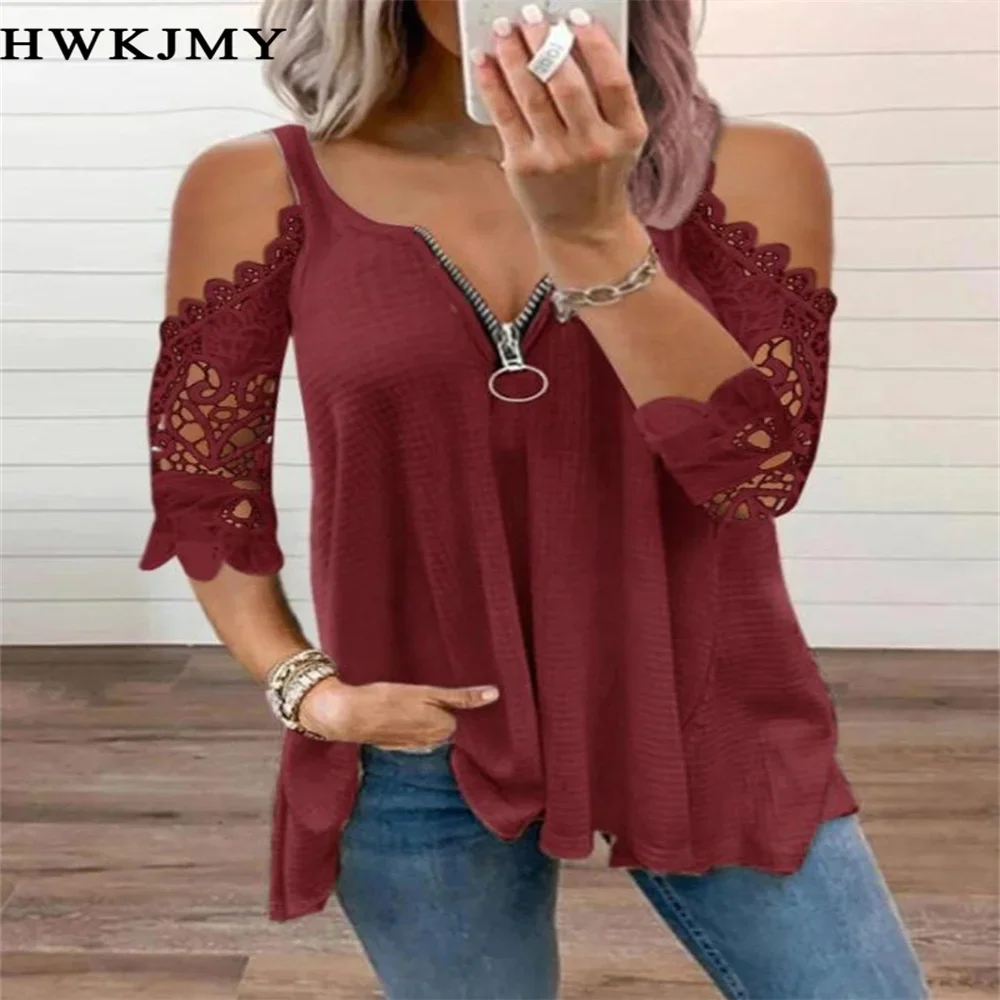 Summer New Lace Petal Half Sleeve Zipper Ladies T-Shirt for women Oversize Off Shoulder V-Neck Loose Casual Top Tee Tunic 8XL