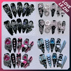 Gótico Handmade Press On Nails Art, Forma Longa Apontada, Amor Diamante, Corrente De Metal Punk, Rua Legal, Cobertura Completa, Presente, 10Pcs