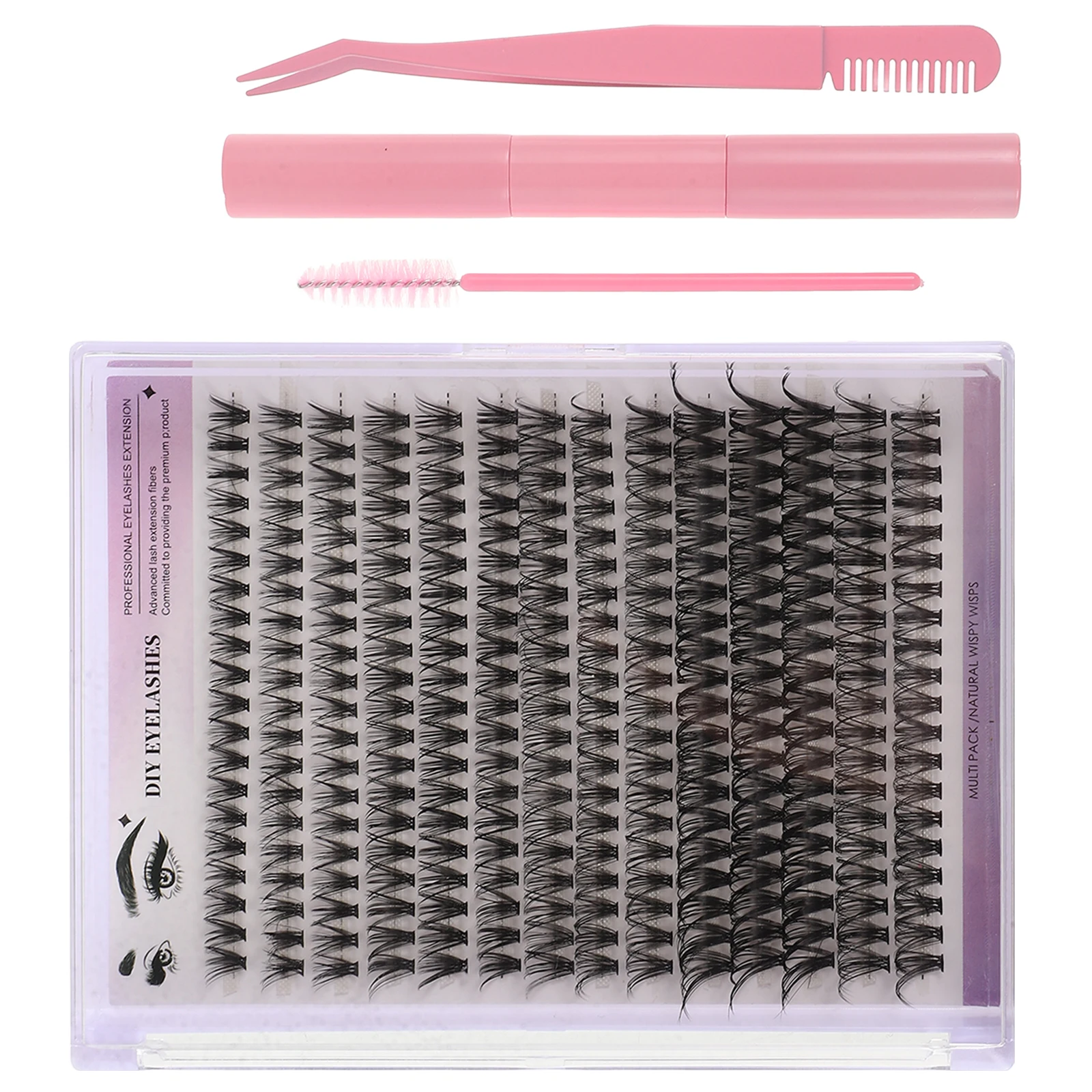 

1 set False Eyelashes Set Cluster Lashes Kit Synthetic Fibers Easy Application Diy Eyelash Extension Tools No Glue Pink Plastic