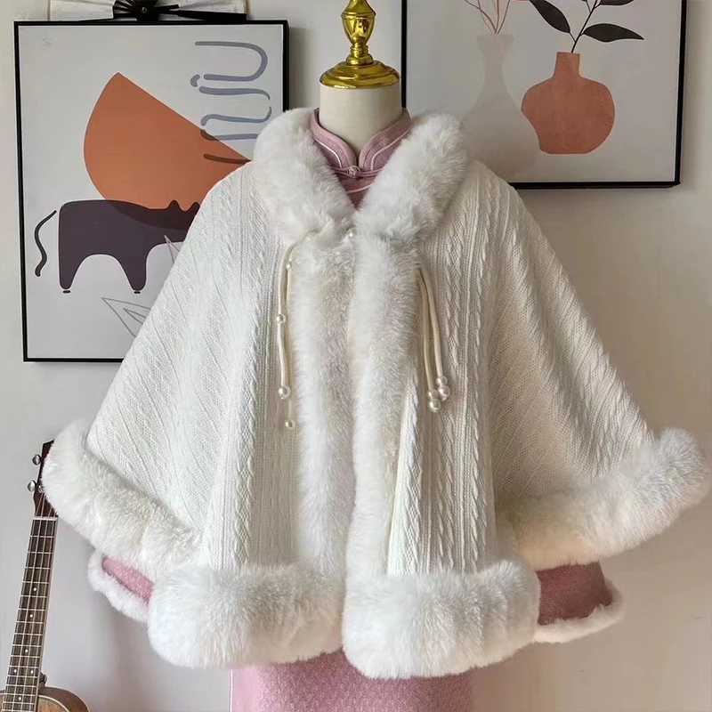 Winter Warm Chinese Qipao Cloak Thick Fur Cape Plush Ponchos Tops Women Trendy Cardigans Festival Traditional Shawl Wraps Shrug