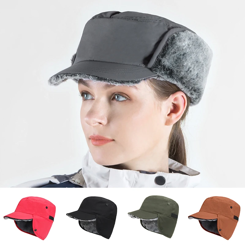 

Winter Bomber Hat for Women Men Windproof Warmth Hat with Brim Baseabll Cap Soft Plush Lining Earflap Cap Flat Top Hat
