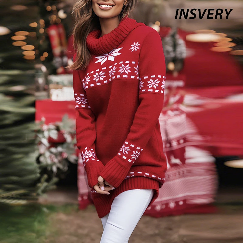 

Рождественское платье-свитер с принтом снежинок, женские элегантные свободные вечерние платья для женщин, осенне-зимний вязаный свитер, джемпер