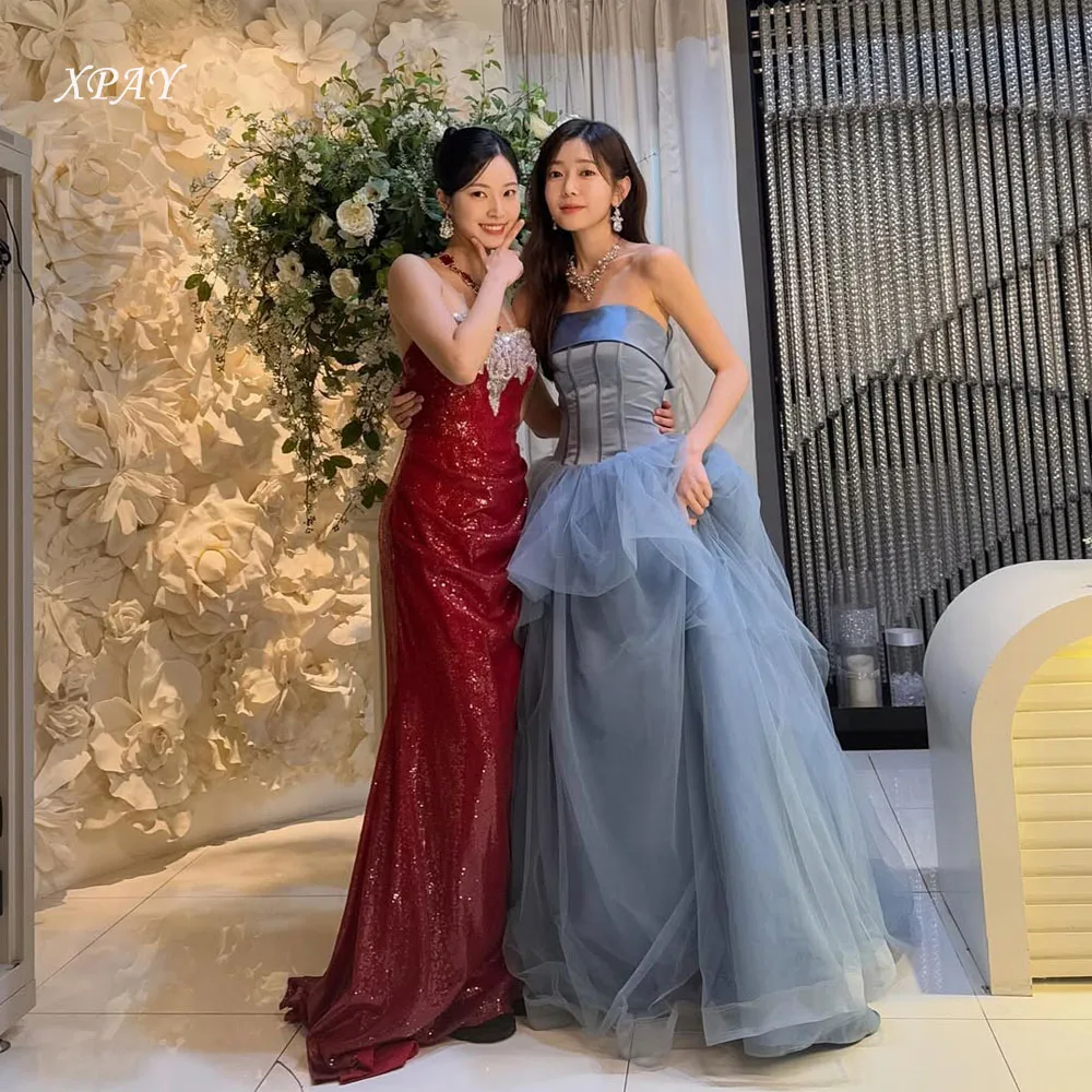 

XPAY Elegant Dusty Blue Tulle Evening Dresses Korea Photo shoot Strapless Wedding Party Special Occasion Gowns Customized
