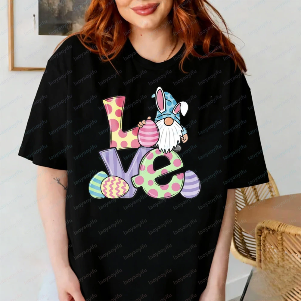 

Unisex Premium Cotton T-Shirt with A Whimsical Easter Gnome "Love" Print – Featuring Colorful Easter Eggs and Playful Patterns