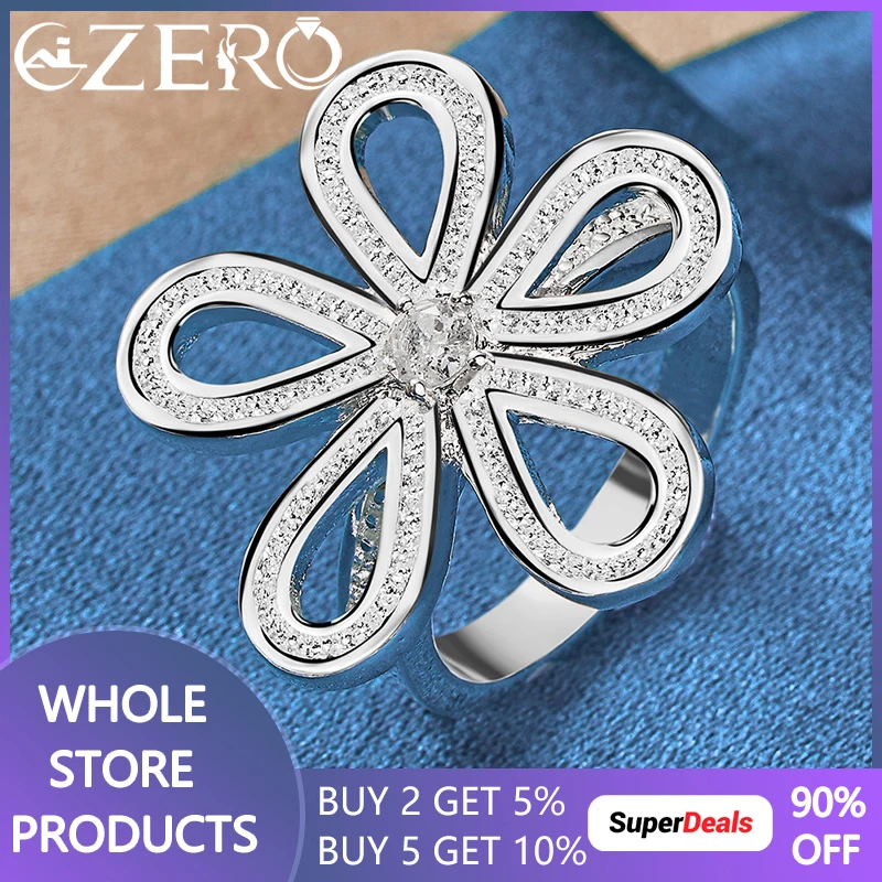 

ALIZERO 925 Sterling Silver AAAAA Zircon Flower Ring For Women Wedding Engagement Bridal Eternity Band Fashion Party Jewelry