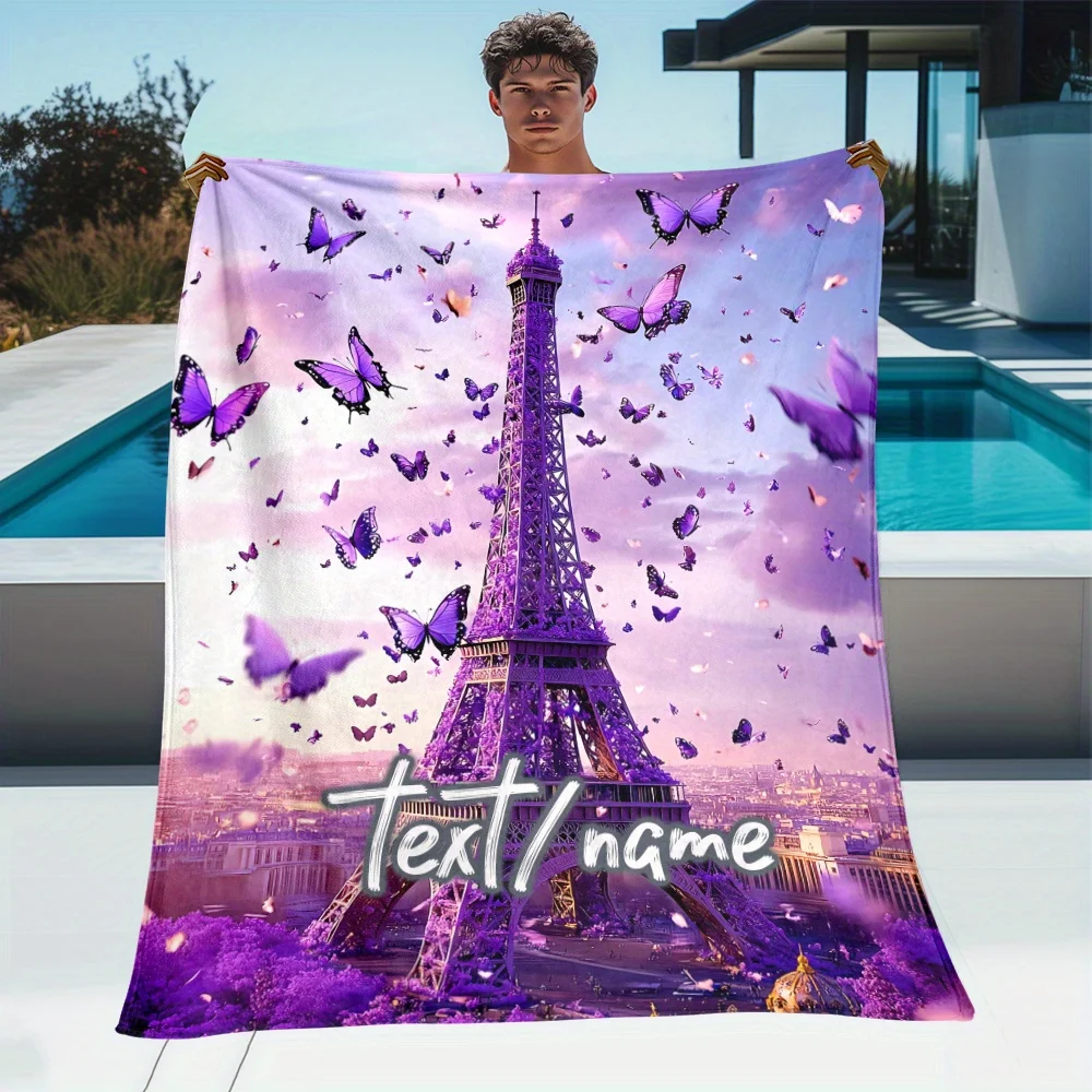 Customizable Purple Paris Tower Blanket Lightweight Flannel, Soft and Warm, Digital Printed with Butterflies, Perfect for Family