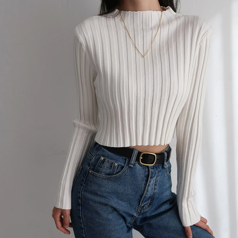 Autumn Winter American Retro Stand Collar Solid Color Simple Slim Fit Fashion Short Knitted Long Sleeve Sweater