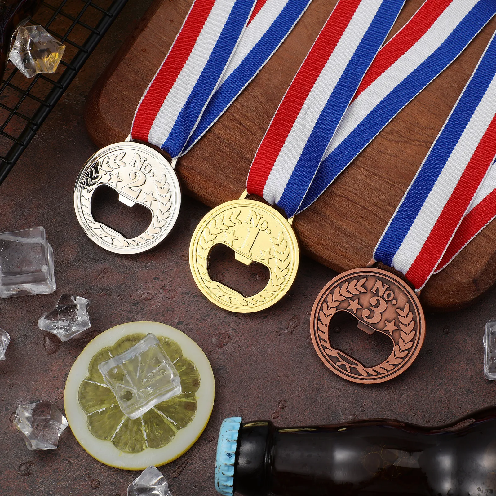 

3Pcs Medal Shaped Bottle Opener Neck Ribbon Zinc Alloy Winner Award Beer Lid Remover Flat Round Bottle Opener for Bar Kitchen