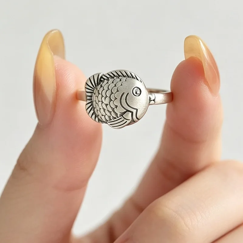 Silver color retro style koi ring, new Chinese style light luxury high-end feeling, auspicious animal jewelry for men and women