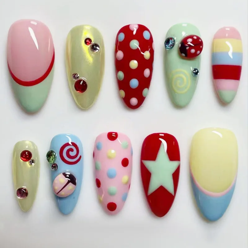 24Pcs Mid-length Almond Fake Nails Press on Dopamine French Rhinestone False Nails Ladybug Dot Detachable Full Cover Nails Tips