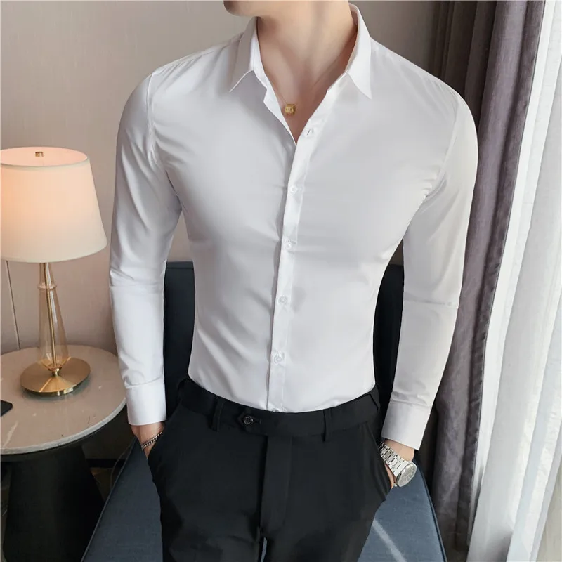 Khaki Men Shirt Luxury Quality Soft Long Sleeve Shirt Wedding Man 4XL Slim Fit Casual Blouse Male Chemise Homme Camisa 11 Colors