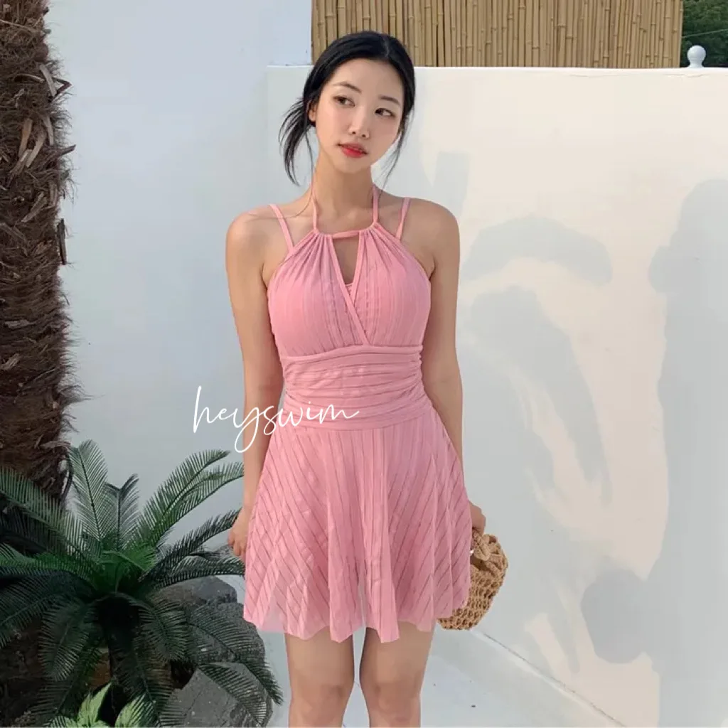 2024 New Solid Color Retro Hanging Neck Super Fairy Slimming Conservative Flat Corner Skirt One Piece Swimwear for Women