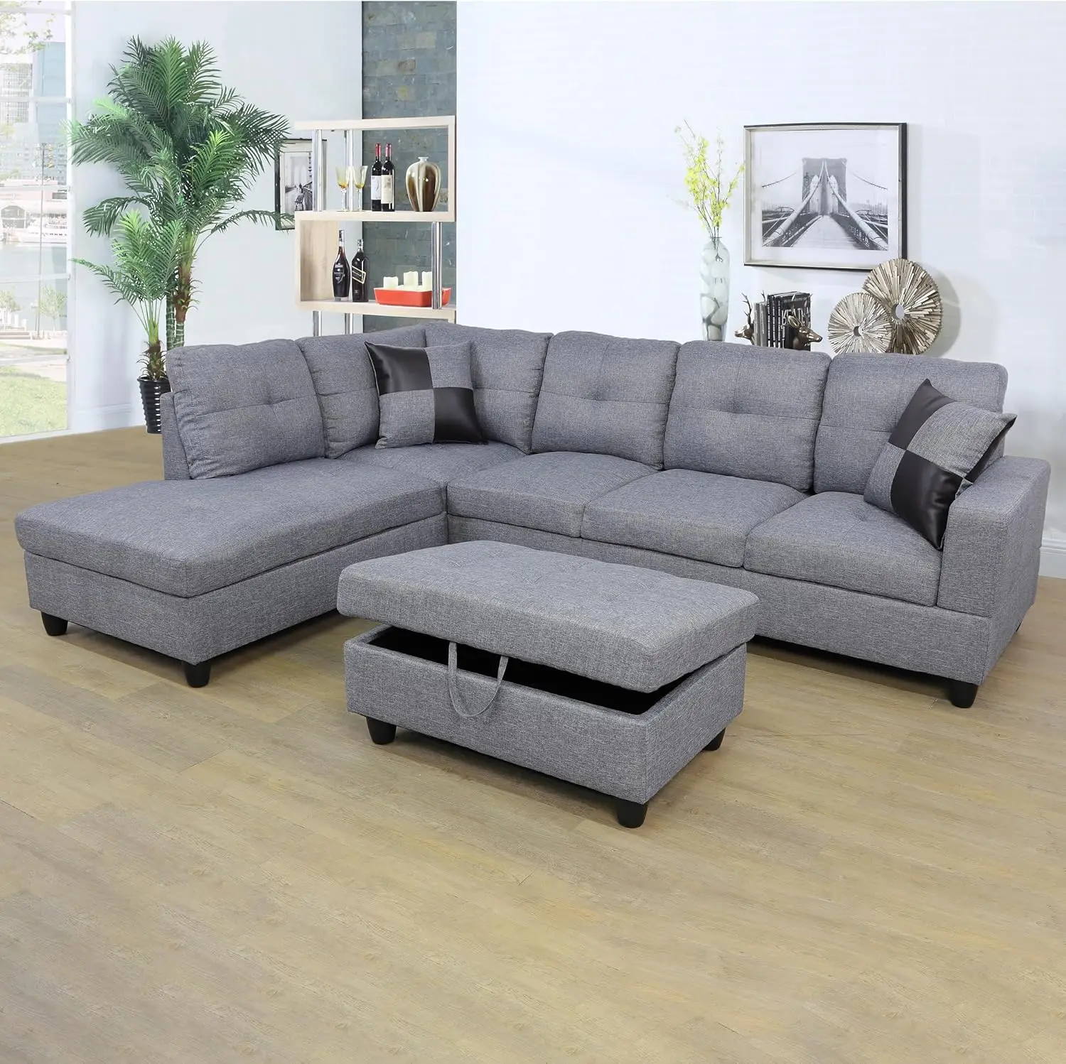 Modern L Shaped Sectional Sofa Set With Storage Ottoman, Left Facing Chaise Longue, Reversible Backrest W/ 2 Cup Holders, Linen