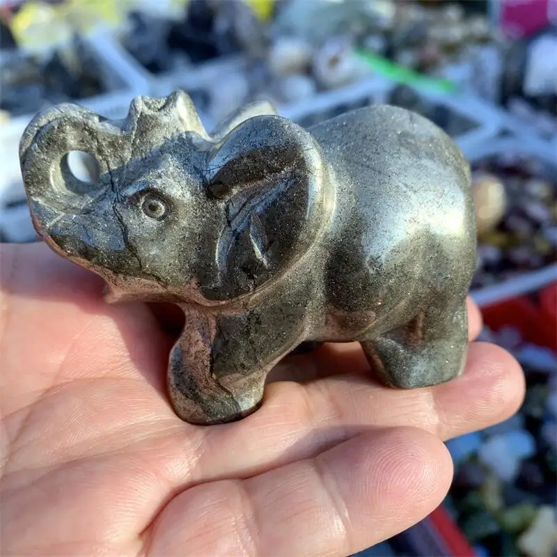 Natural Pyrite Elephant Statues Crystal Animal, Cute Carving Figurine, Natural, Christmas Gift, 1Pc