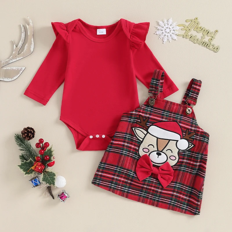 

Baby Girl Christmas Outfits Solid Color Long Sleeve Rompers Deer Patch Plaid Suspender Skirts 2Pcs Clothes Set