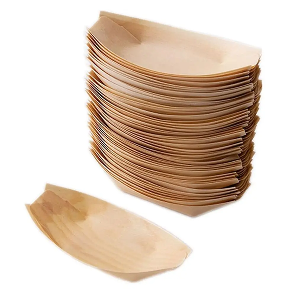 50PCS Multi-size Disposable Wooden Boat-shaped Plate Boat-shape Tray Japanese Dish Sushi Plate Food Serving Wood Bowl