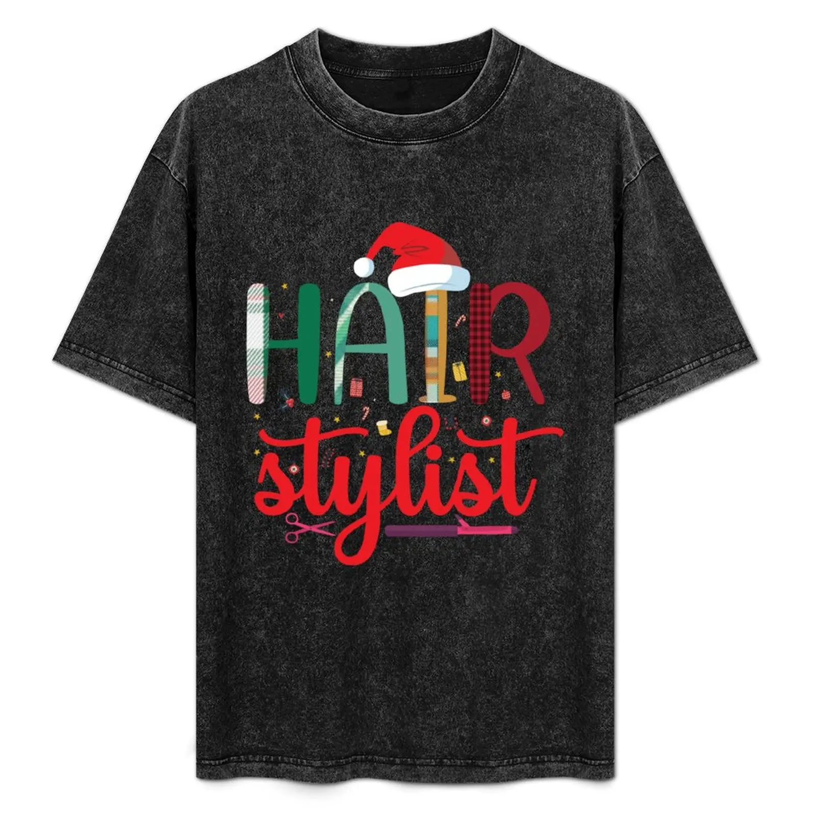 

Hair Style design with Santa's Hat Funny Christmas Hairstylist T-Shirt street wear clothes shirts graphic Men's cotton t-shirt