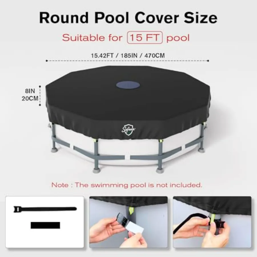 15FT Round Pool Cover for Framed Above Ground Pool, 420D Polyester, Black, Multi-Stage Rainwater Pre-Filtration System, UV Prot