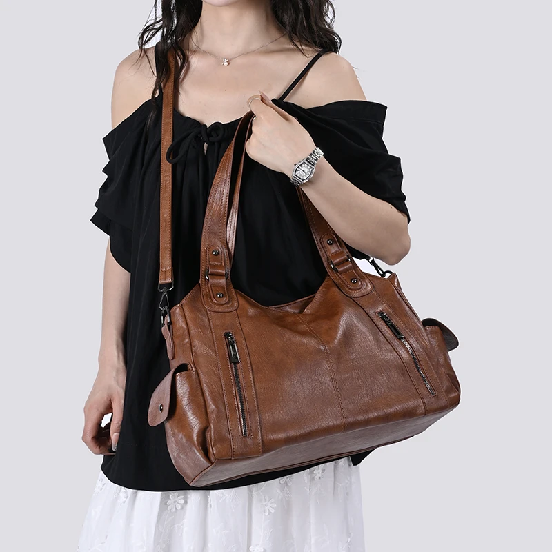 Damen Vintage PU-Leder Handtasche mit mehreren Reißverschlusstaschen, modische Schulter- und Umhängetasche für Arbeit, Alltag und Reisen – Detail 10