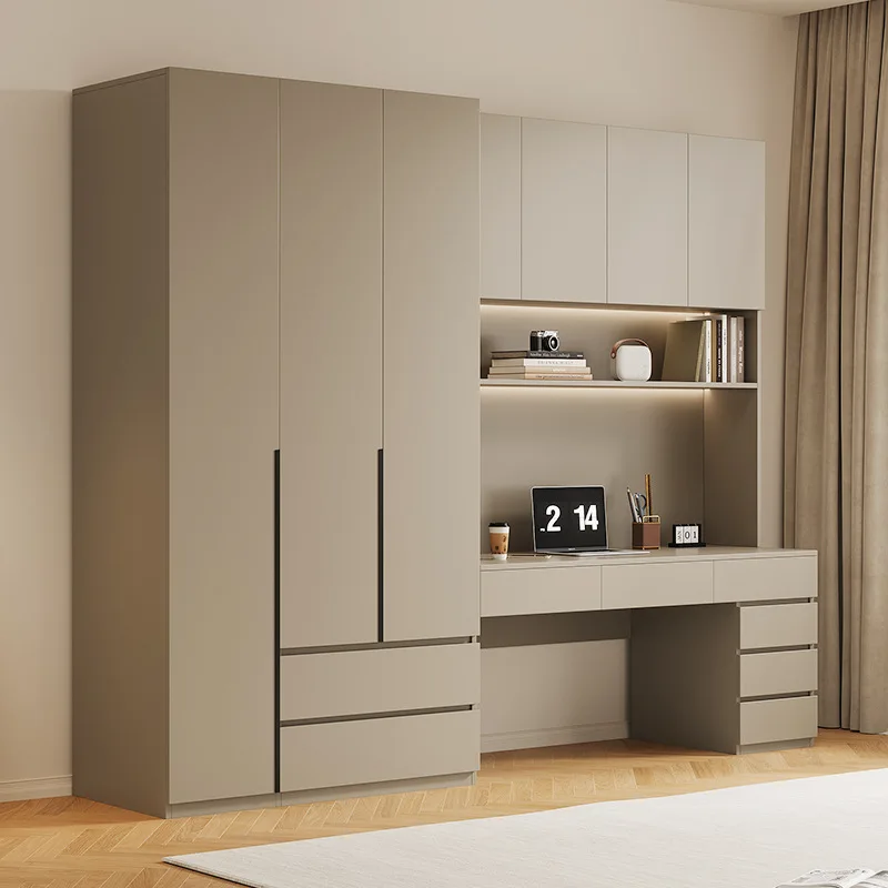 Solid wood desk, wardrobe, integrated computer table, one-piece wardrobe, children's combination learning table, bedroom home