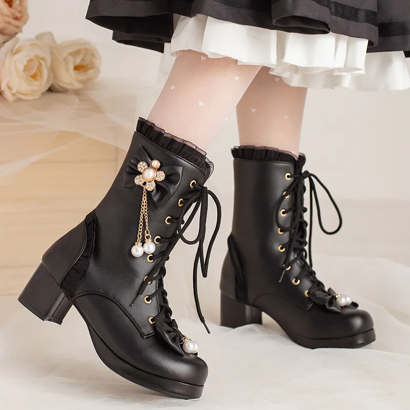 Botas de Lolita con lazo para mujer, Botines de tacón grueso con plataforma y volantes de perlas, zapatos de fiesta de Cosplay de princesa, 28-43