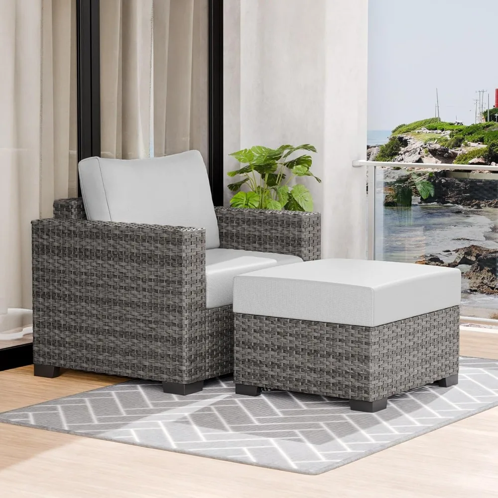 Gray Rattan Outdoor Patio Chair with Ottoman, Weather-Resistant Cushions for Porch, Balcony, or Deck