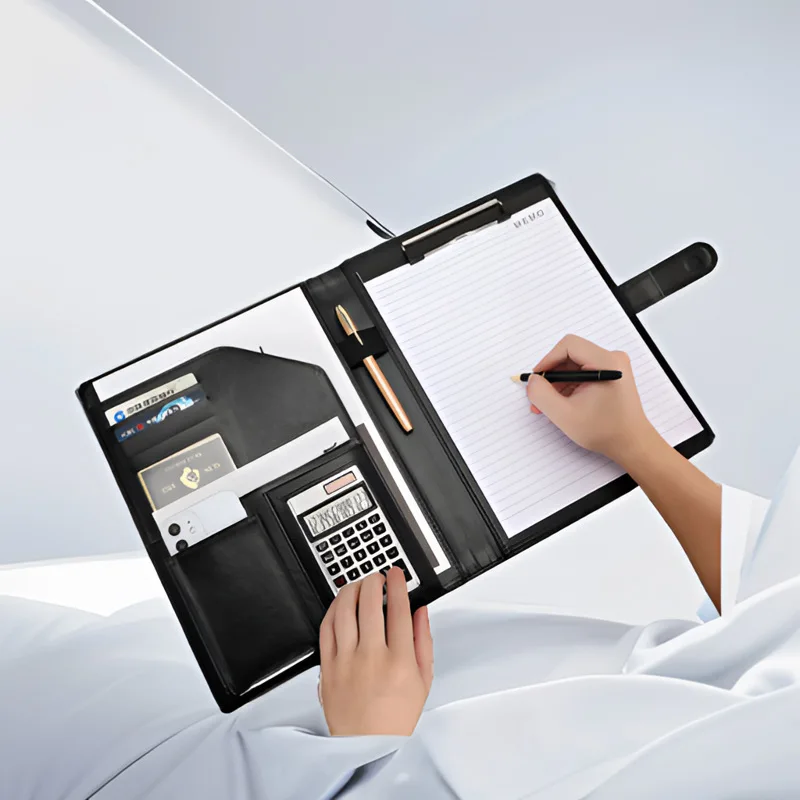 Multifunctional Business Stationery Folder Leather Can Be Equipped with Built-in Calculator, Cards,Phones, Ideal Bill Organizer