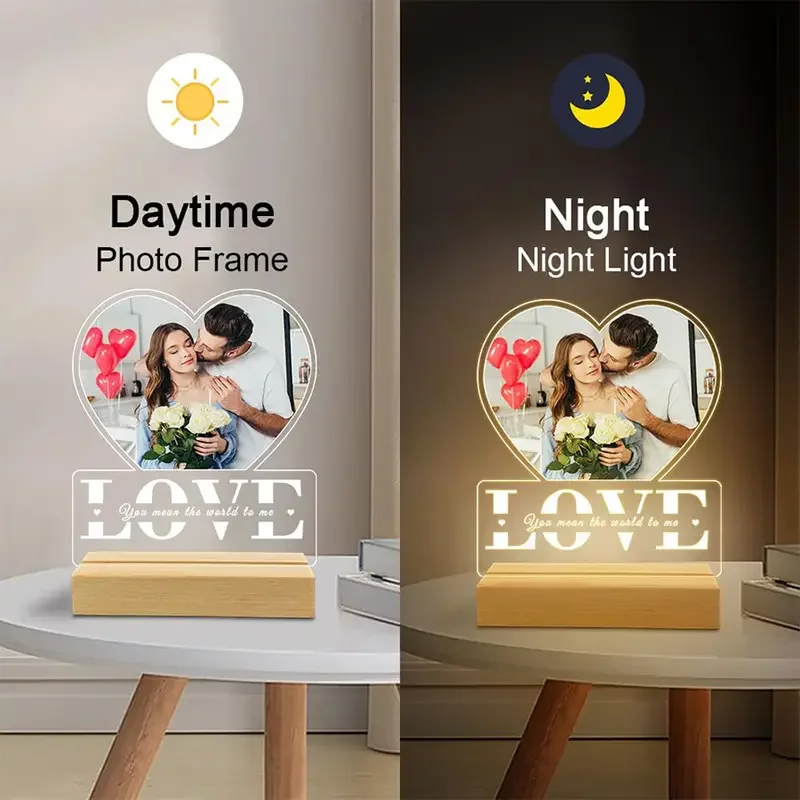 Marco de fotos personalizado, imagen acrílica personalizada, Base de luz de madera, regalo único para parejas para mujeres, hombres, decoración de aniversario y cumpleaños