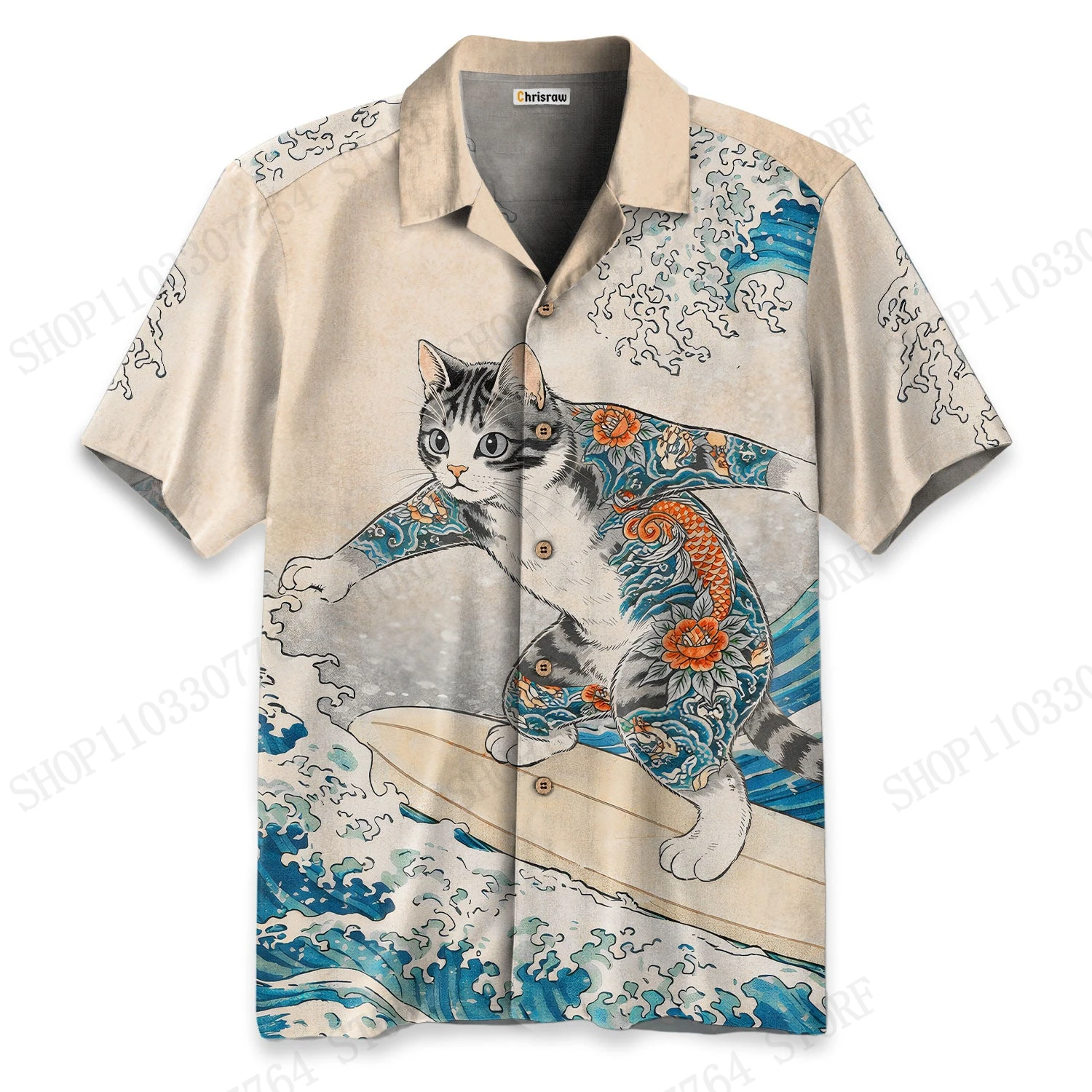 Scenery Japanese Cat Wave 3D Print Hawaiian Shirts Men Women Fashion Button Up Short Sleeve Beach Shirt Men Blouse Animal Camisa