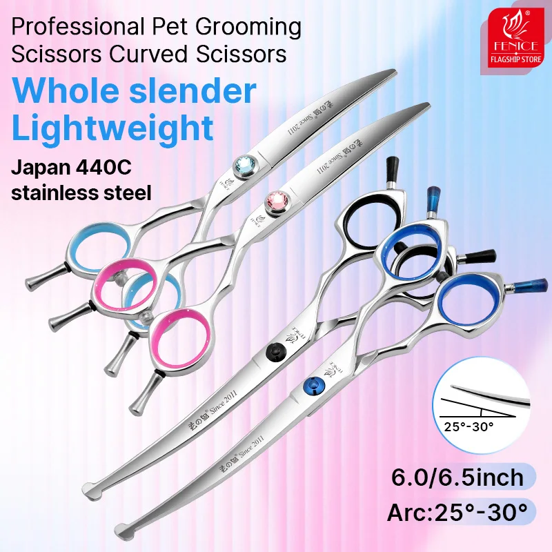 

Профессиональные ножницы для груминга собак Fenice, изогнутые, с закругленным кончиком, сталь JP440C, 6,5 и 6 дюймов, для начинающих, домашнего использования, для зоотехников