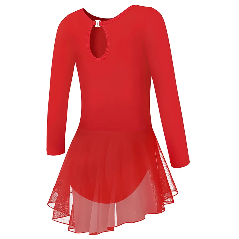 Collant de balé para meninas, vestido de dança de ginástica com contorno e botão dobrável, gota de água, costas vazadas e saia de malha