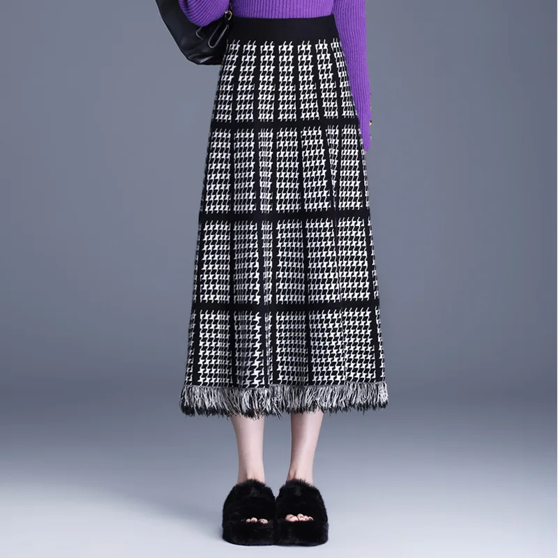 

Elastic High Waisted A-line Tassel Spliced Plaid Knitting Wool Skirt Women Autumn Winter Vintage Elegant Slim Long Skirts 520L