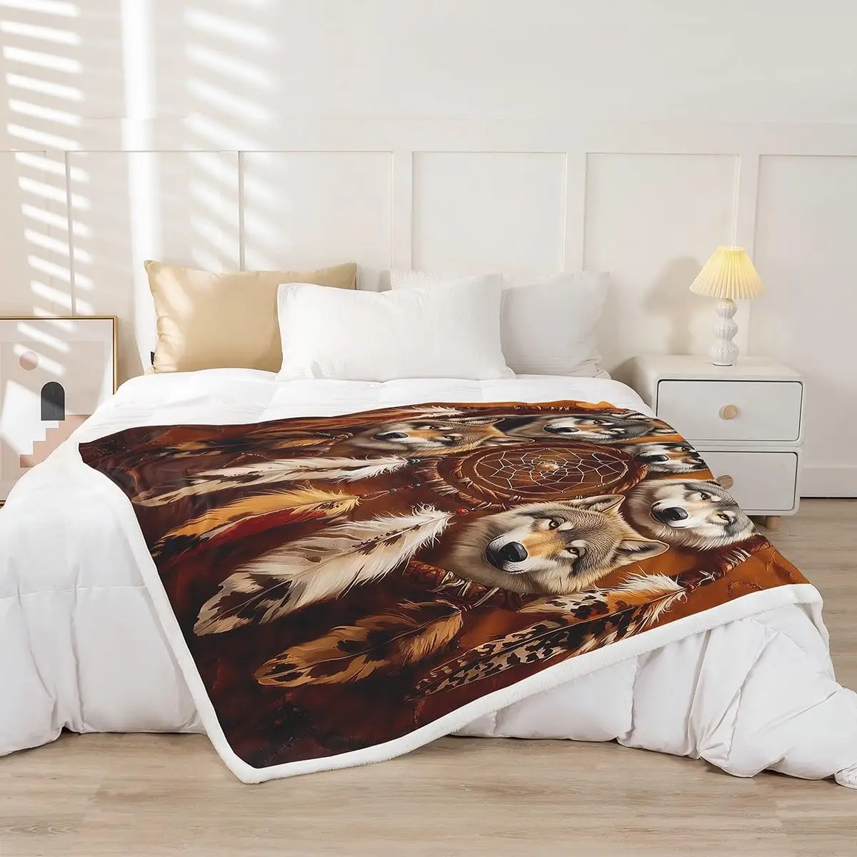 Fleece Throw Blanket Queen Dark Brown Plush Blanket for Bed Sofa Couch Dreamcatcher Sherpa Blanket Indian Hippie Feather Print