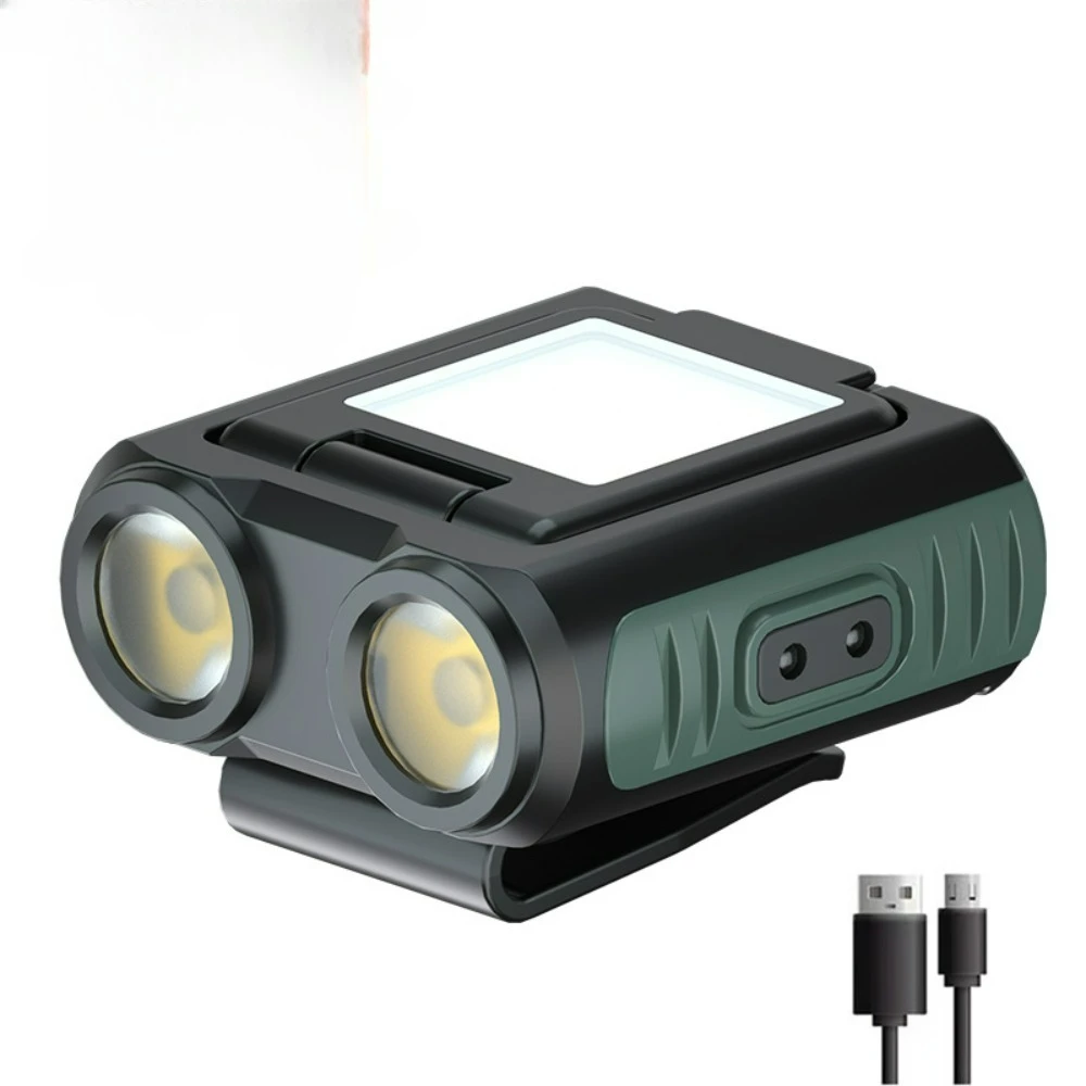 Motion Sensor Headlamp - Dual-Light Foldable Night Fishing Light USB Rechargeable Multifunctional Hat Clip Light for Outdoor Use
