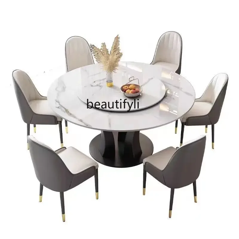 

Light luxury rock slab dining table Modern simple household small apartment Living room round dining table with turntable