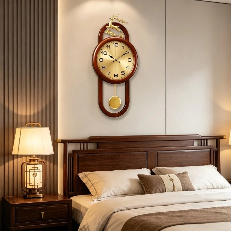 New Chinese Style Pendulum Wall Clock, Silent Non-Ticking Quartz Clock with Lucky Deer Decor, Solid Wood Frame for Living Room &