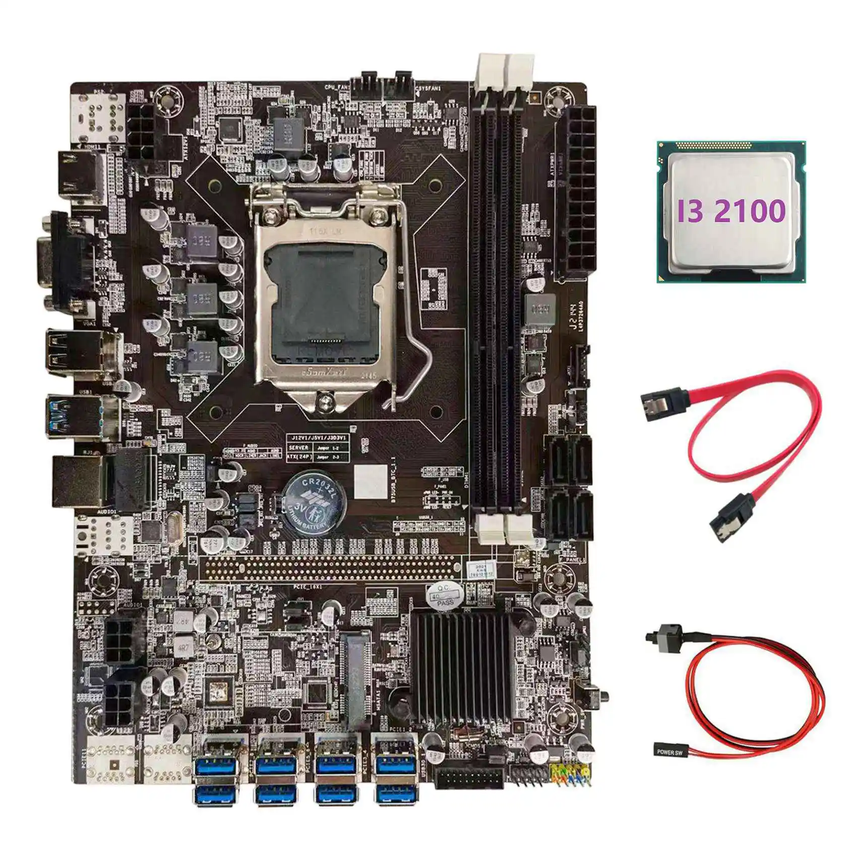 B75-USBアダプター,SATAケーブル,スイッチ,i3 2100 cpu,lga1155,8xcieを搭載したB75マイニングPCマザーボード
