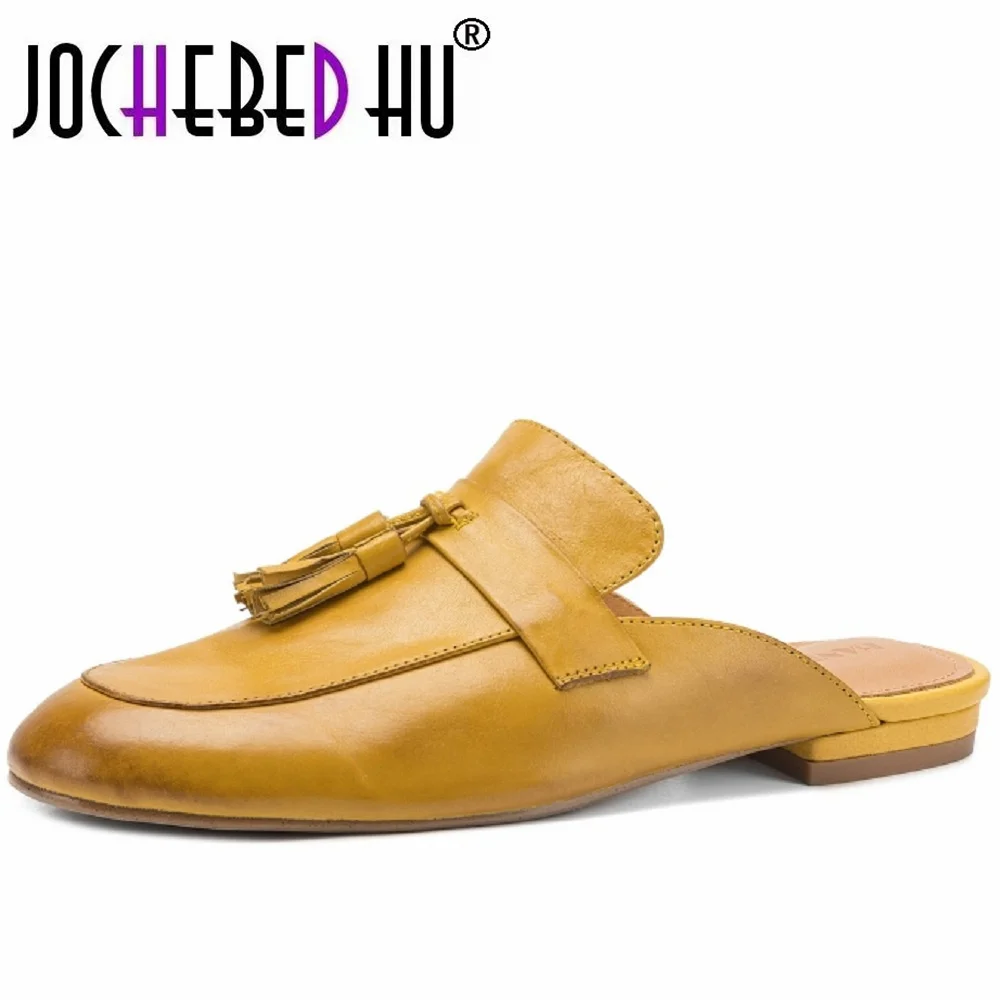 JOCHEBED HUwomen's Handmade Genuine leather round toe fringe decoration slip-on flats summer slides sandals casual mules 34-42