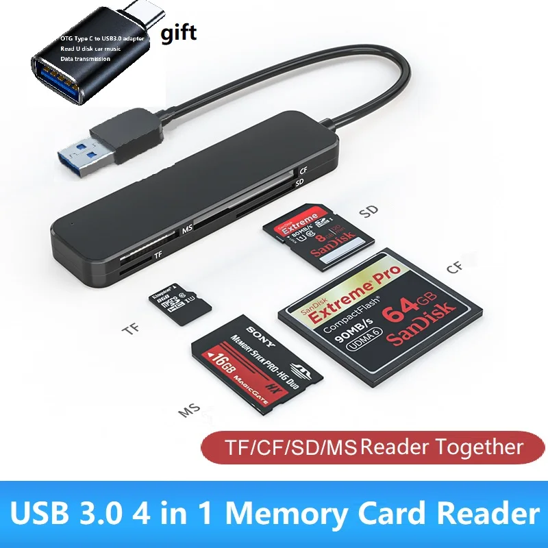 

SD Card Reader Memory Card Reader 4 in 1 USB 3.0 Card Adapter Simultaneously Read SD MS CF TF Cards Compatible with Desktops PC