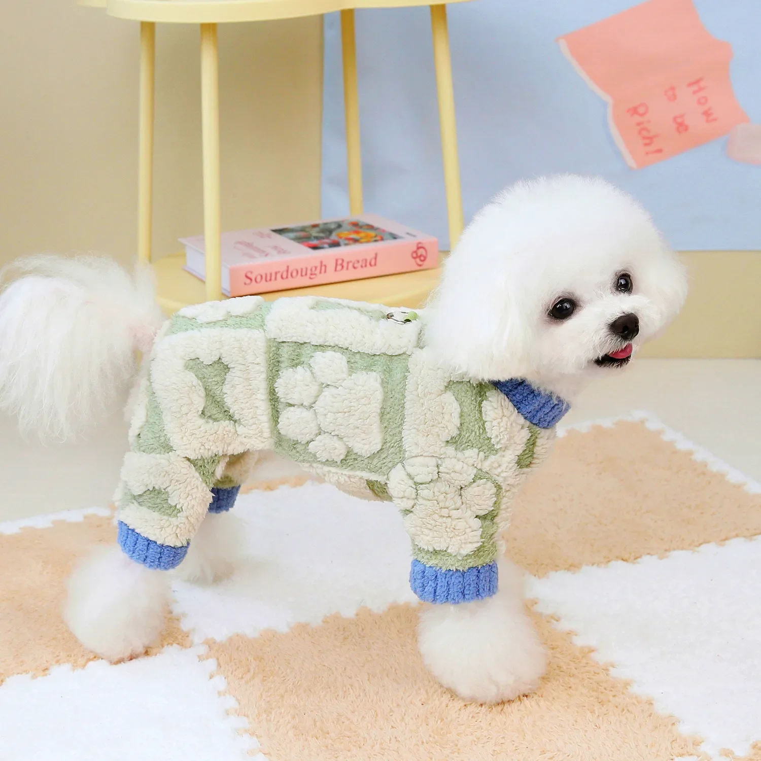 New Coltwinterdog Clothes Jacquard Fleece Cute Home Four-legged Fleece Warm Pet Clothes Plus Fleece Paw Print