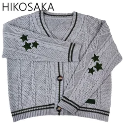 Vintage Star Embroidery Long Sleeve Cardigan Sweaters Autumn Winter New 2024 V-neck Loose Casual Knitwear Top Y2k Street Jumpers