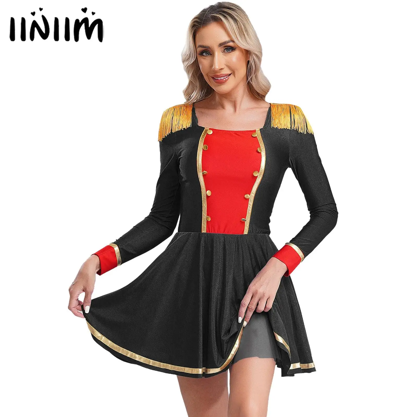 Womens Halloween Circus Ringmaster Cosplay Costume Long Sleeve Tassel Epaulettes Cutout A-line Renaissance Circus Gothic Dress