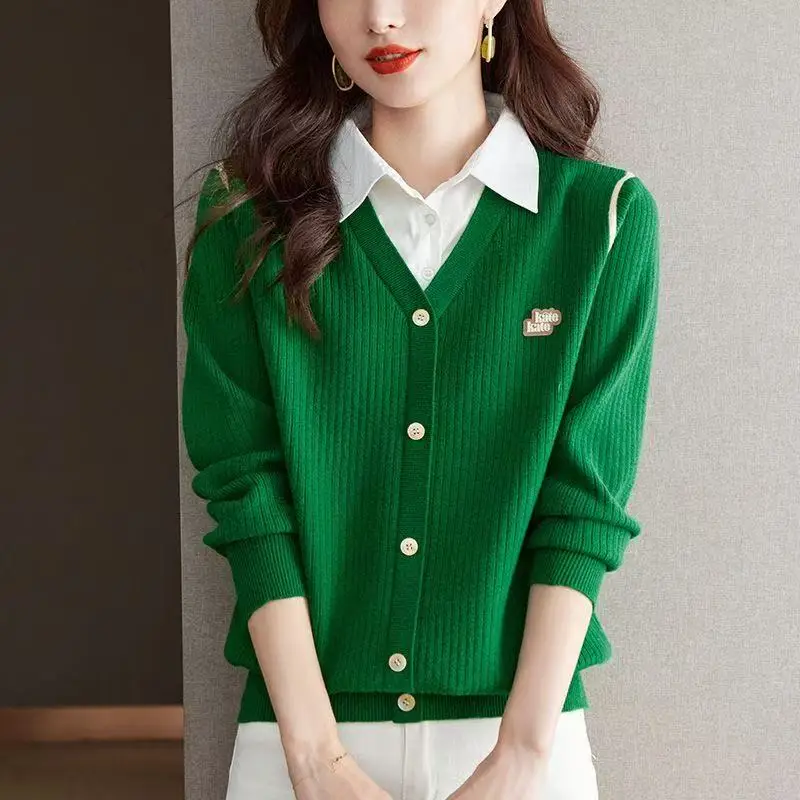 

2025 Autumn Winter New Temperament Long Sleeve Fashion Women Knitted Cardigan Sweater Jacket Shirt Collar Loose Ladies Top