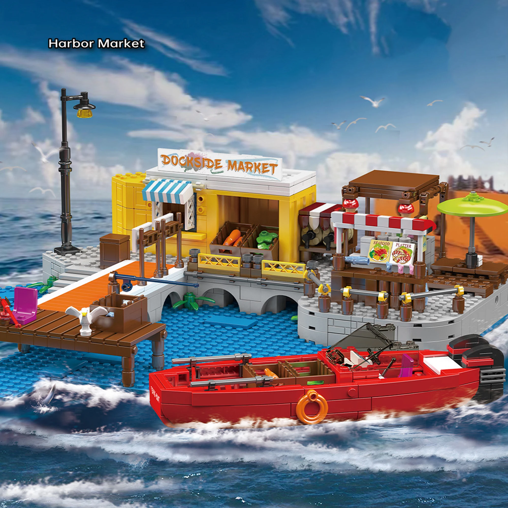 869 stücke Hafenmarkt Bausteine 10186 Kreative Meer Szene Dock Markt Dockside Markt Ziegel Spielzeug für Kinder Erwachsene Geschenke