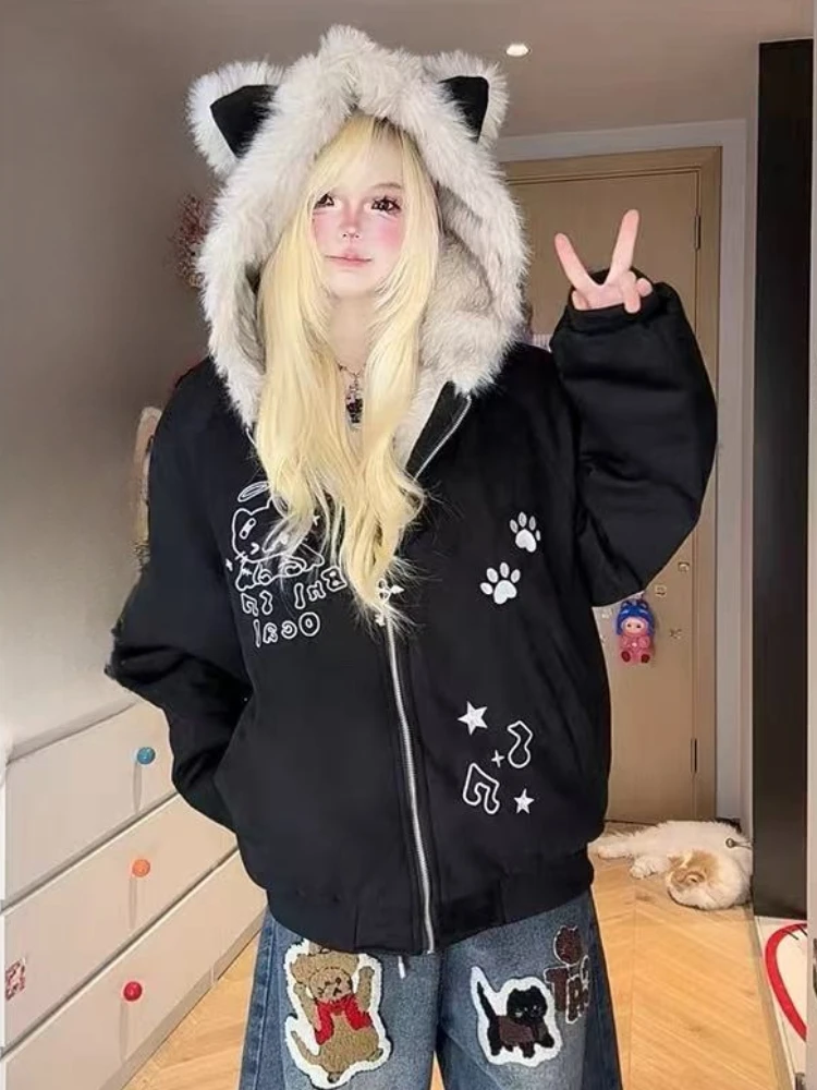 Casual Embroidered Plush Thick Jacket Women Autumn Winter Loose Casual Warm Padded Coat with Cat Ear Hood Cute Trendy Outerwear
