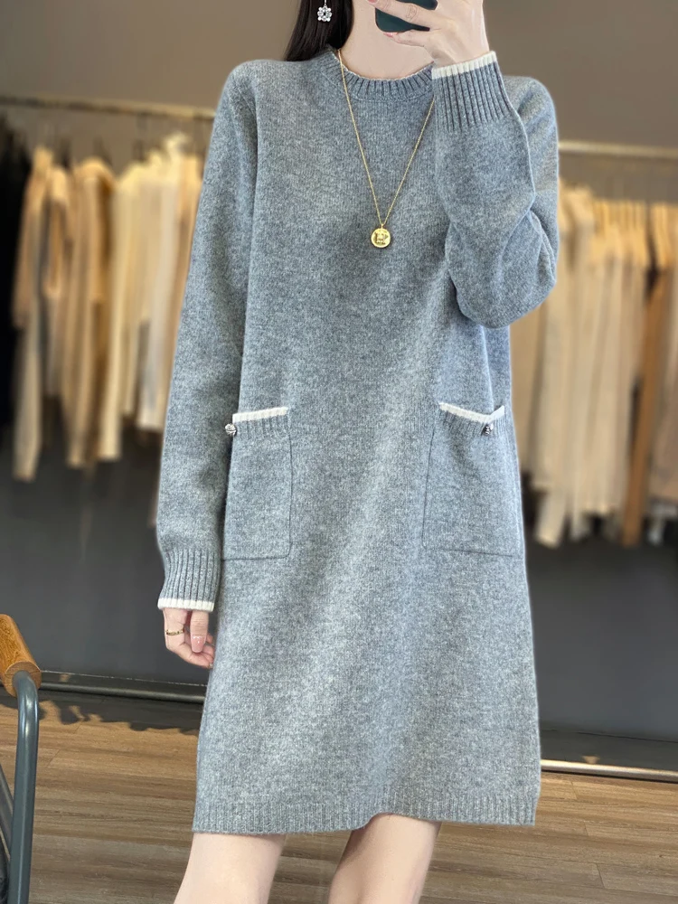 100%Merino Wool Fashionable Pullover Knit Long Dress Splicing Color Skin Friendly With Two Pockets Casual Autumn Winter Clothing